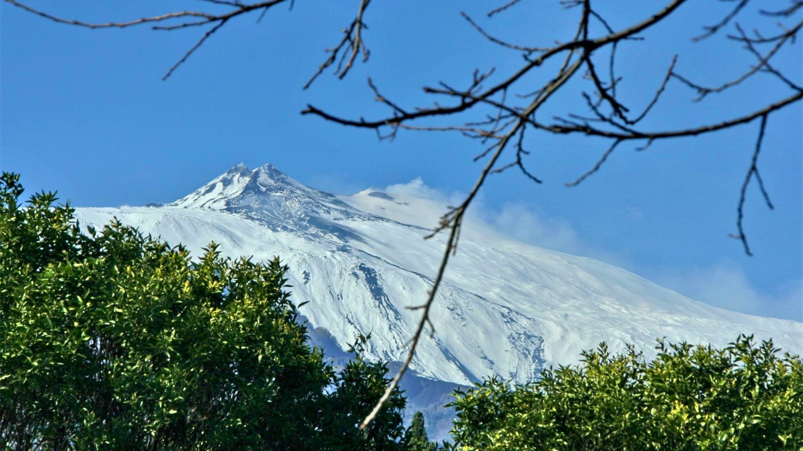 un-soggiorno-in-sicilia-con-vista della-Vetta-dell'Etna-innevata-con-cielo-azzurro-durante-sullo-sfondo-vegetazione-verde-in-primo-piano-possibile-presenza-di-fumo-o-vapore-vicino-alla-sommità-della-montagna-nome-Patrizia-Sterano-visibile-sulla-destra-dell'immagine