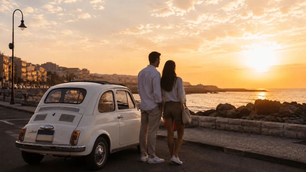 Fiat 500 tour in Catania with couple and vintage cars on the seafront at sunset