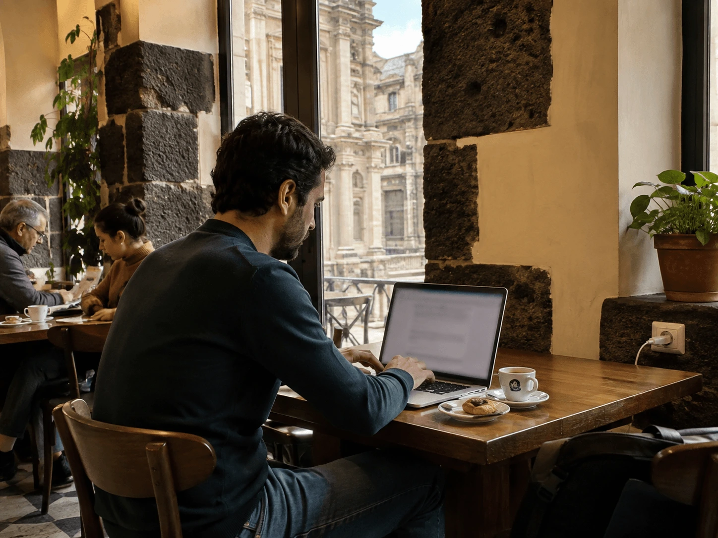 Digital nomad works at the laptop in a café in Catania with spacious table, electric socket and natural light.