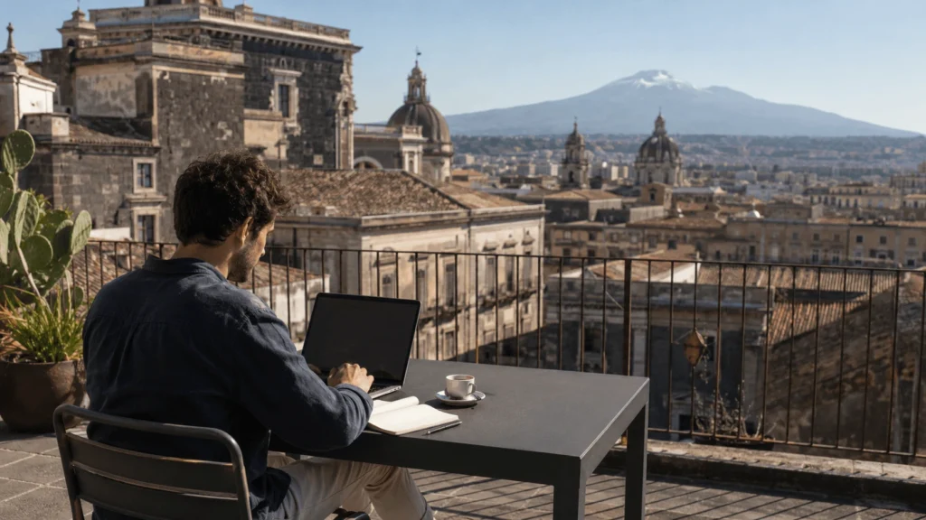 Digital nomad works on a laptop on a terrace in the historic center of Catania, with the Etna in the background.