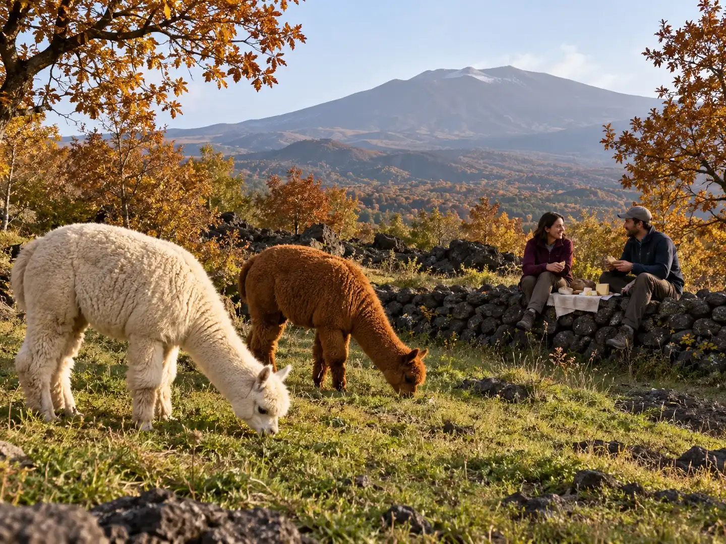 Due alpaca pascolano tra alberi autunnali mentre una coppia fa una sosta con vista sull’Etna.