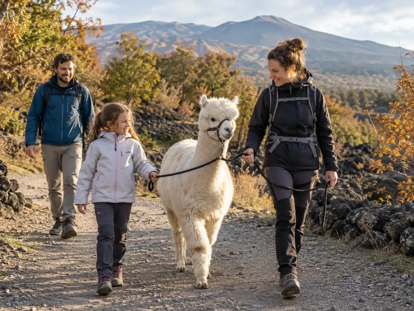Una bambina cammina accanto a un alpaca bianco con un’adulta e un genitore sul sentiero.