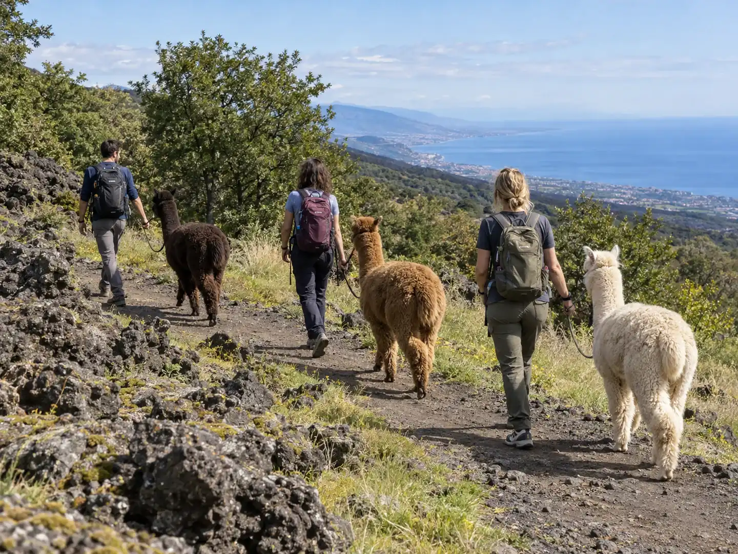 Tre escursionisti accompagnano gli alpaca su un sentiero lavico con vista sulla costa ionica.